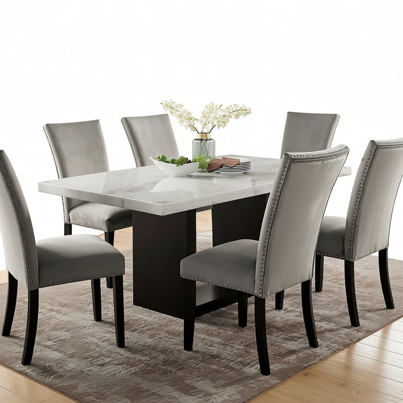 FOA CM3744GY Kian White Marble 5pc Table Set w/ Grey Velvet Side Chairs