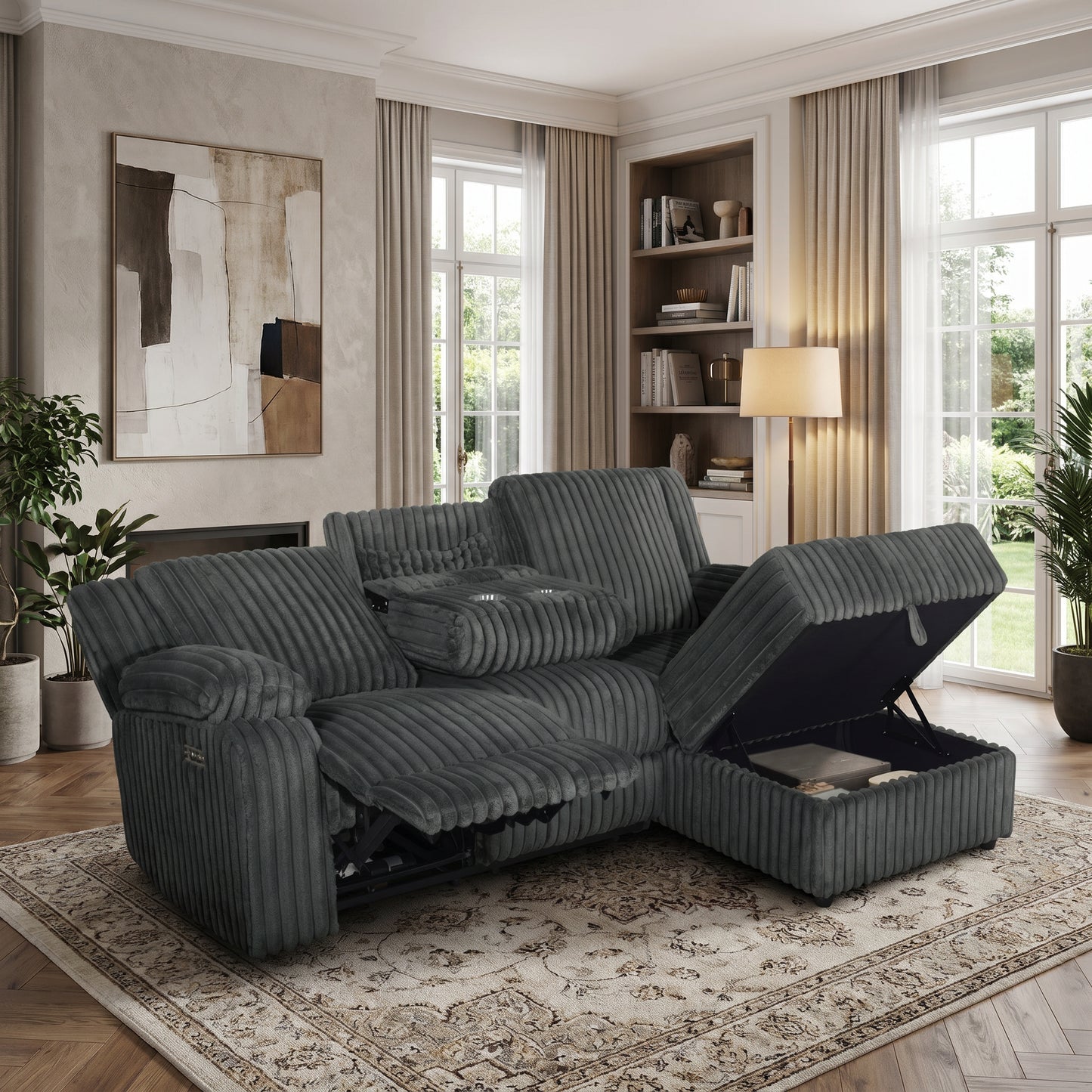 Milton 8285 Dark Gray Corduroy RHF Power Recliner Sectional Sofa & Storage Chaise