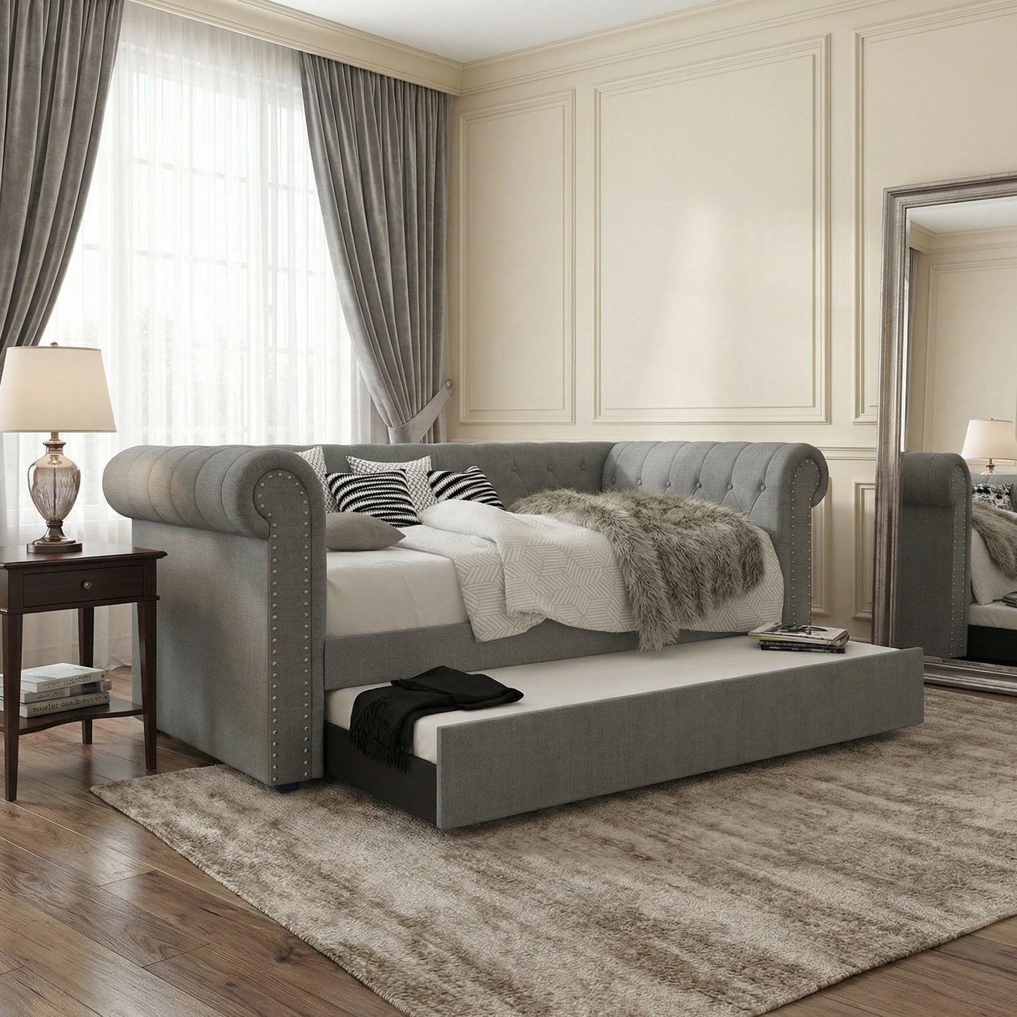 Milton 7608 Light Gray Rolled Arms Daybed w/ Twin Trundle