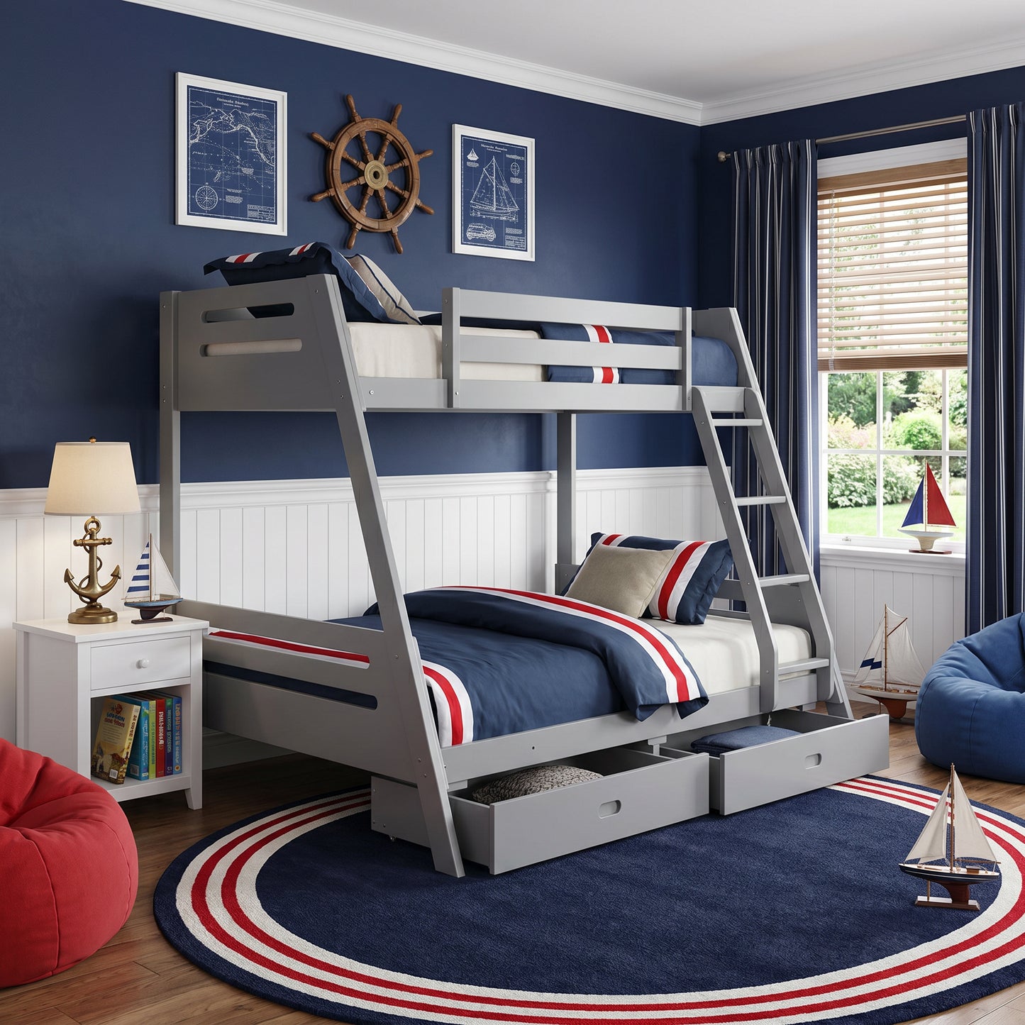 FOA FM-BK003GY-BED Emilee Gray Twin / Full Bunk Bed w/ Underbed Drawers