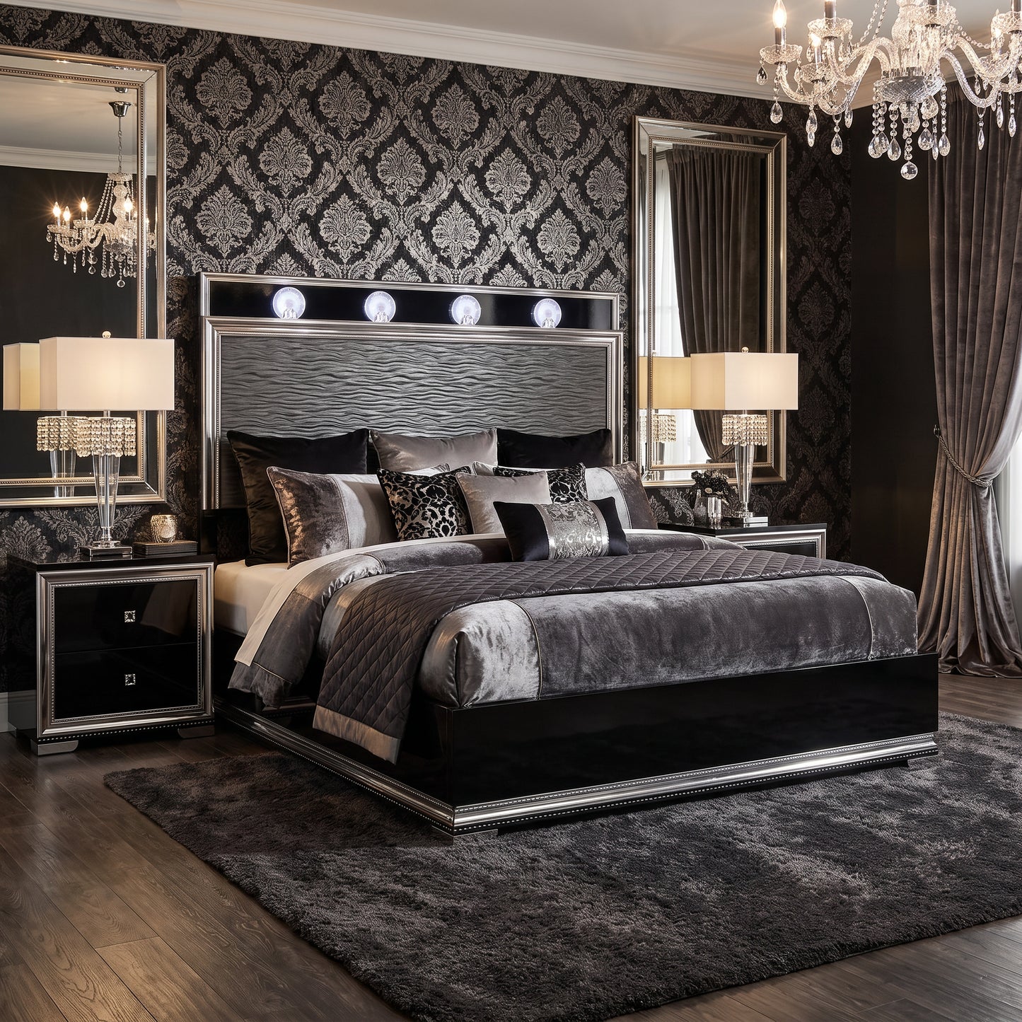 FOA FM72020DG-EK-BED Noire Gray & Black King LED Bed