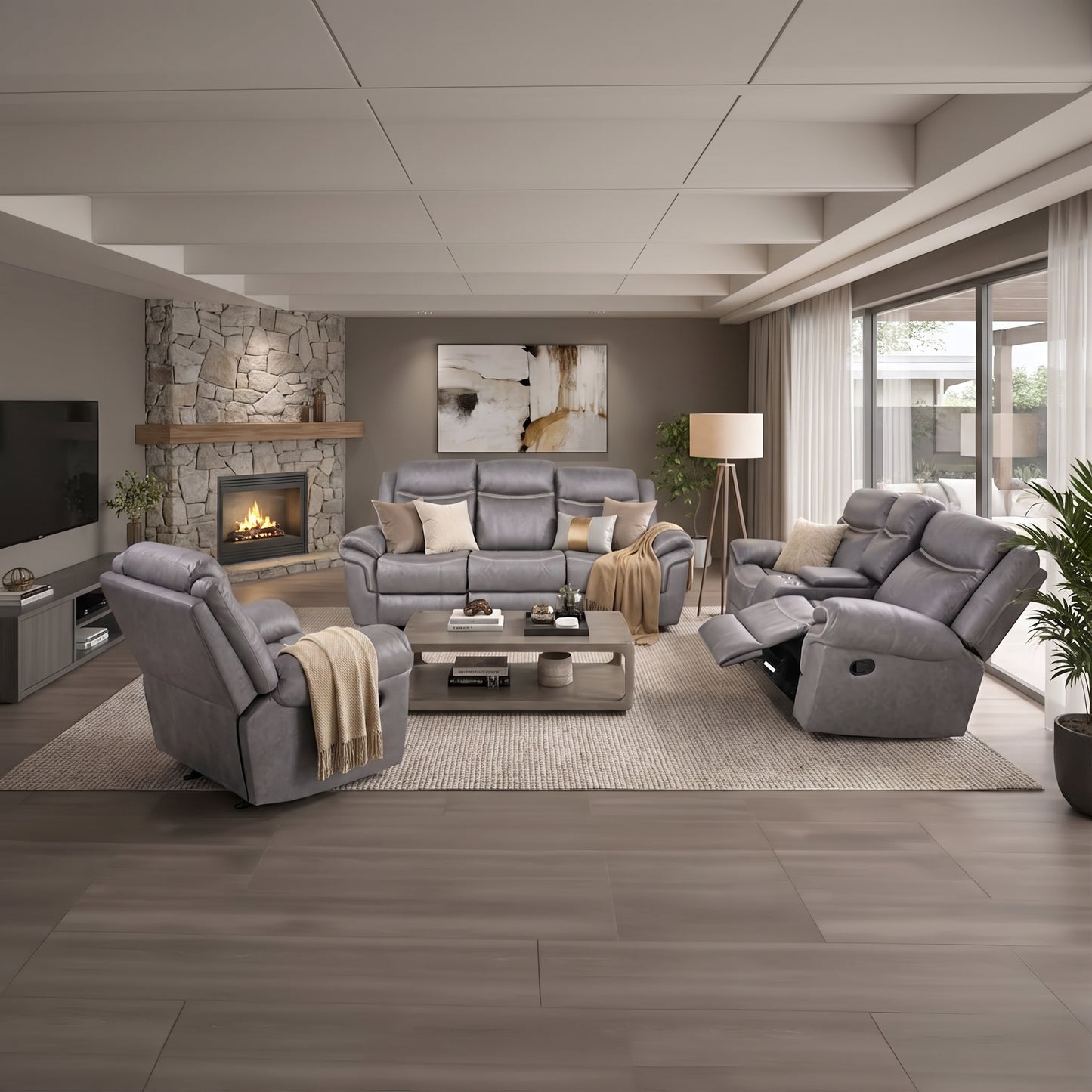 FOA NX6001WG Agata Warm Gray Manual Sofa & Glider Loveseat Set