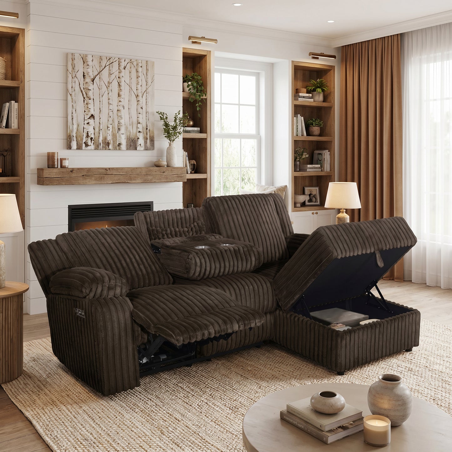 Milton 8287 Chocolate Corduroy RHF Power Recliner Sectional Sofa & Storage Chaise