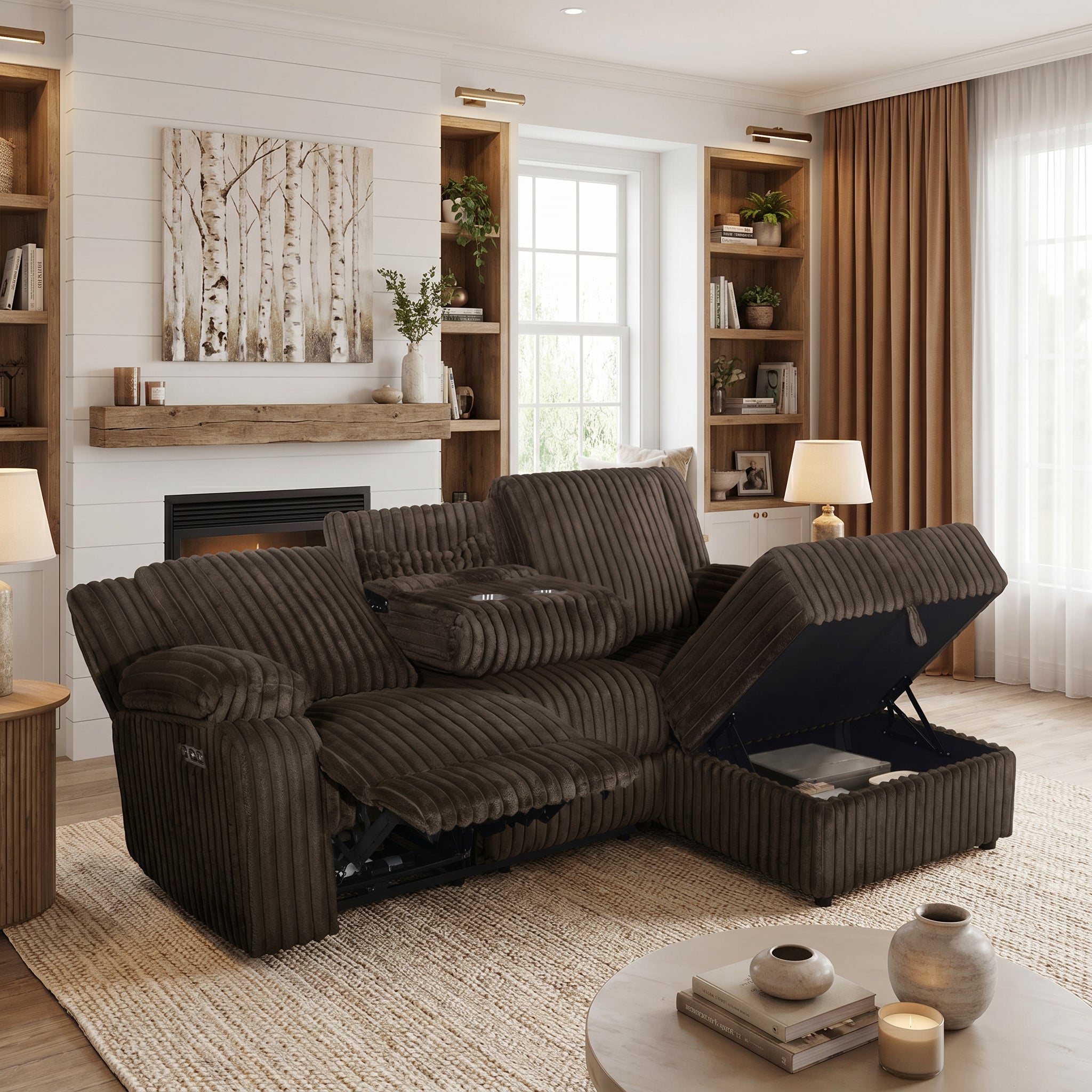 Milton 8287 Chocolate Corduroy RHF Power Recliner Sectional Sofa & Storage Chaise