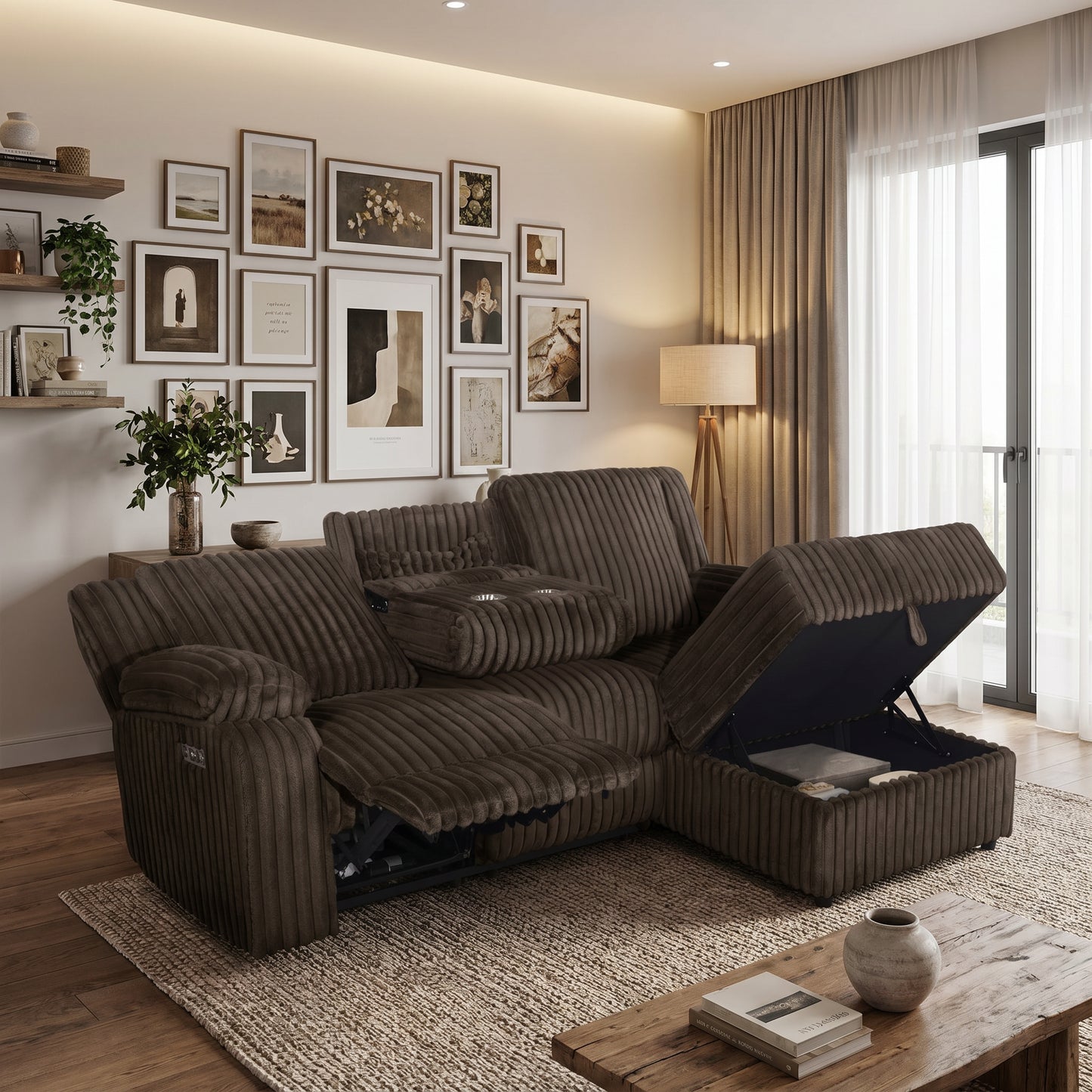 Milton 8287 Chocolate Corduroy RHF Power Recliner Sectional Sofa & Storage Chaise
