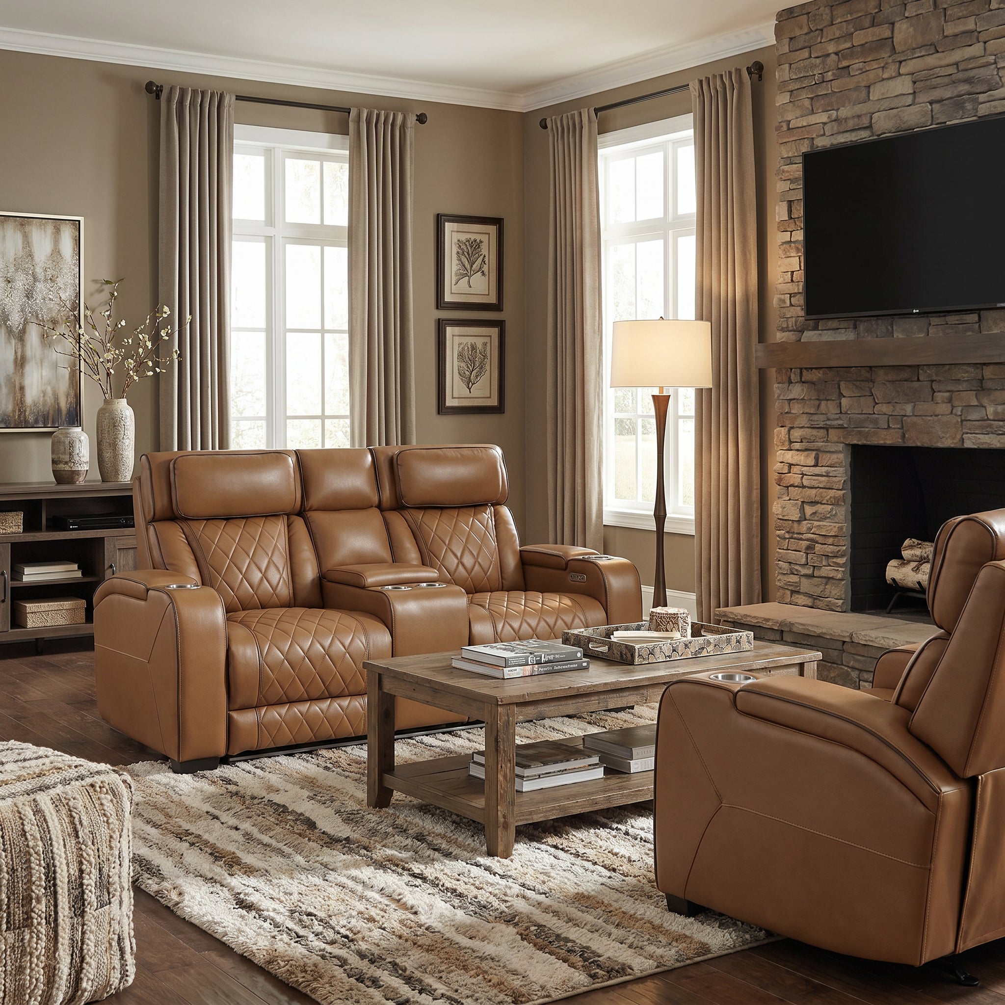 Homelegance 9516BRW-2PWH Fairway Brown Power Double Reclining Love Seat with Center Console