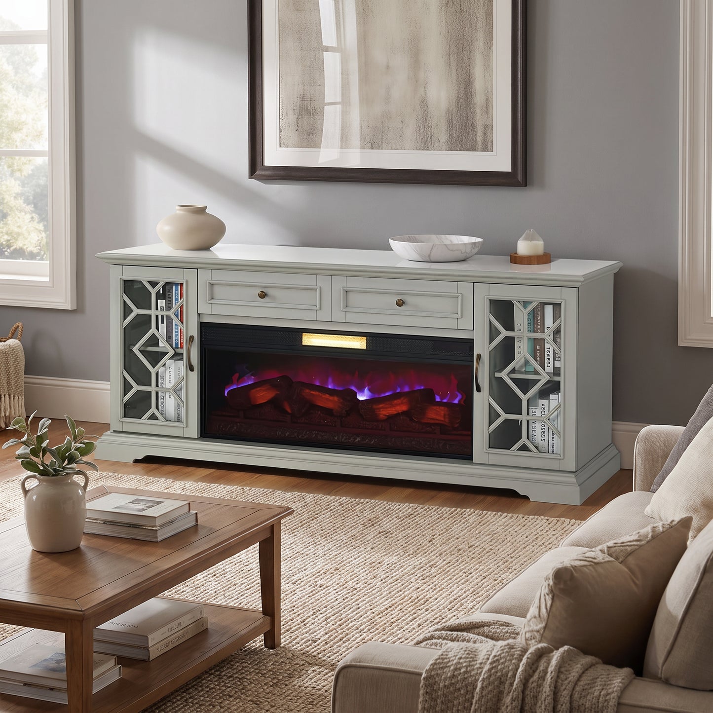 FOA TM5003 74" Light Grey TV Console w/ Electric Fireplace