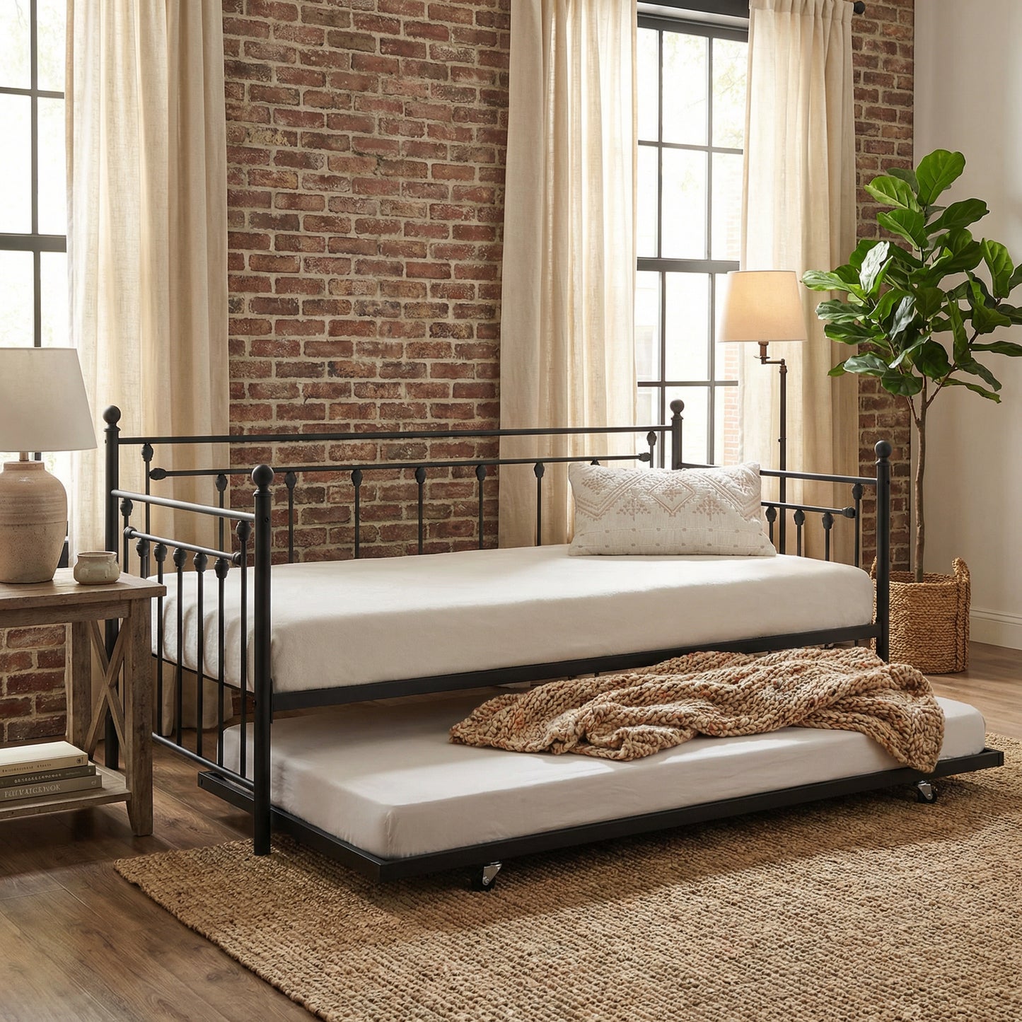 Milton 7620 Victorian Style Black Metal Day Bed w/ Twin Trundle
