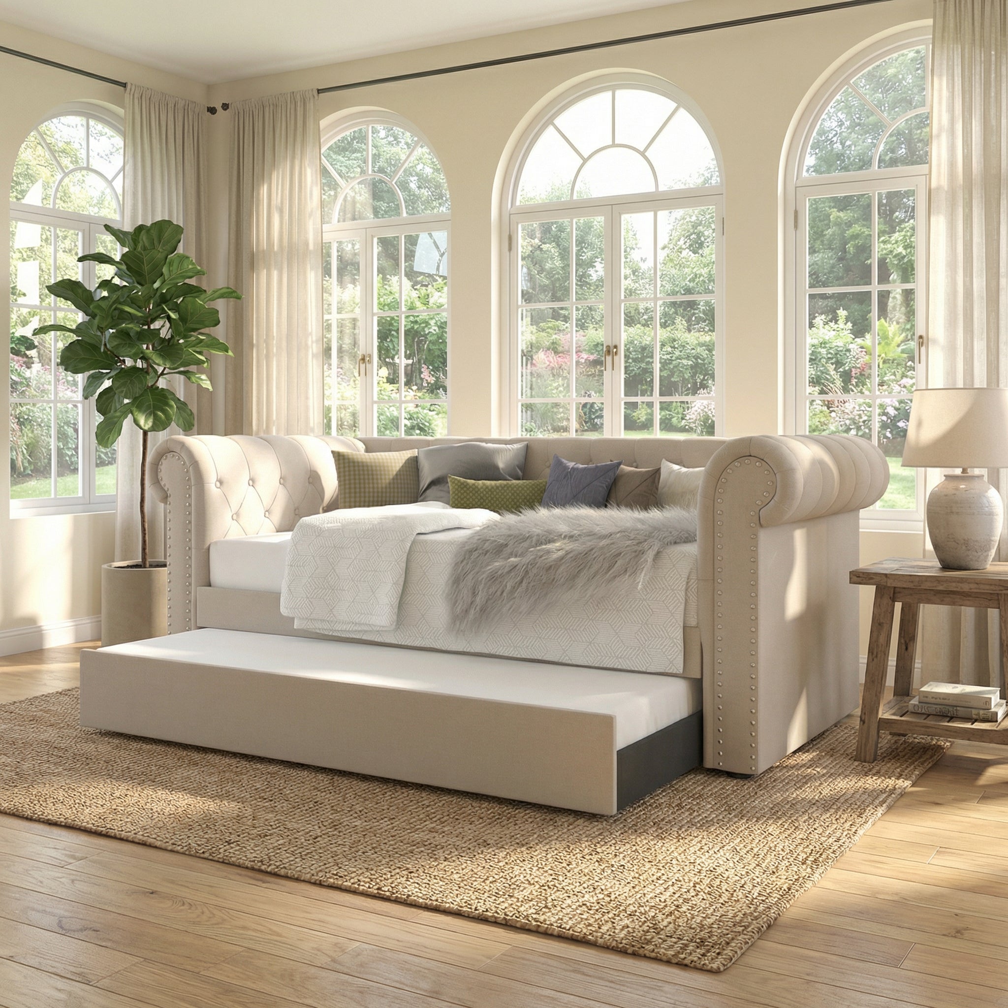 Milton 7609 Beige Rolled Arms Daybed w/ Twin Trundle
