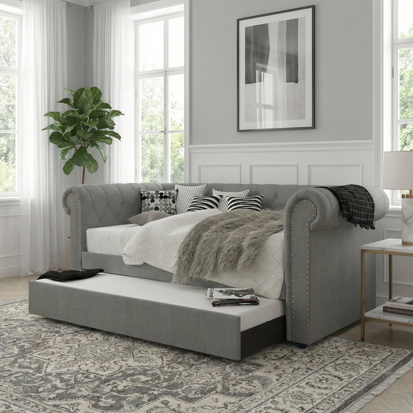 Milton 7608 Light Gray Rolled Arms Daybed w/ Twin Trundle