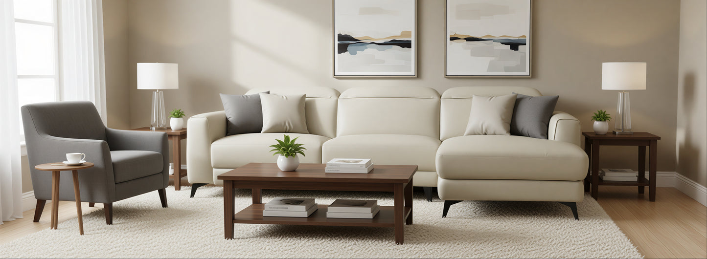 Milton 8291 Cream RHF Leather Sofa Chaise w/ LHF Reclining Seat