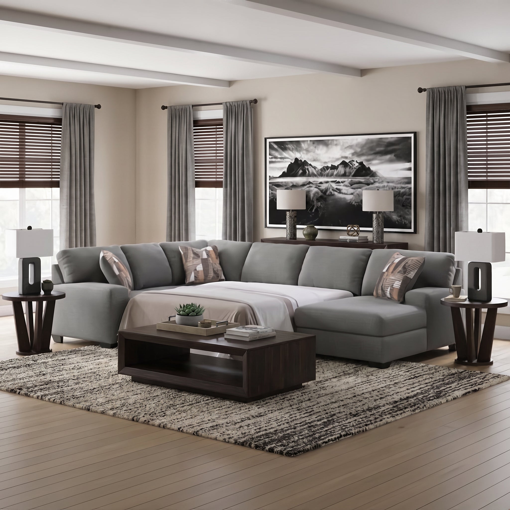 Ashley PC48405S6 Newellen Greystone 3 Piece Sectional Sleeper w/ RHF Chaise