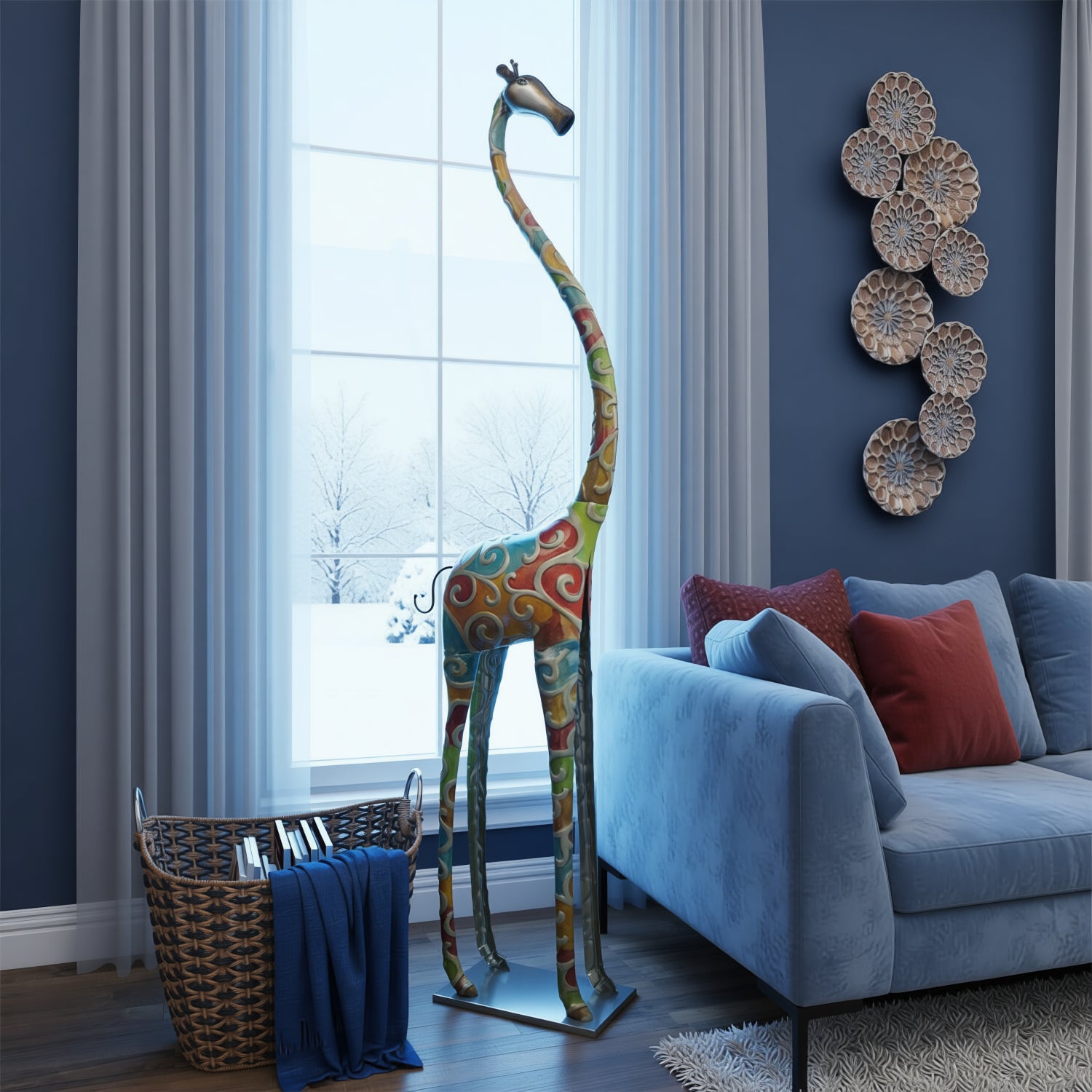 UMA 13837 Jeffrey Multi Colored Metal Giraffe Indoor Outdoor Tall Decorative Sculpture with Detailed Embossed Scrollwork, 17" x 7" x 73"