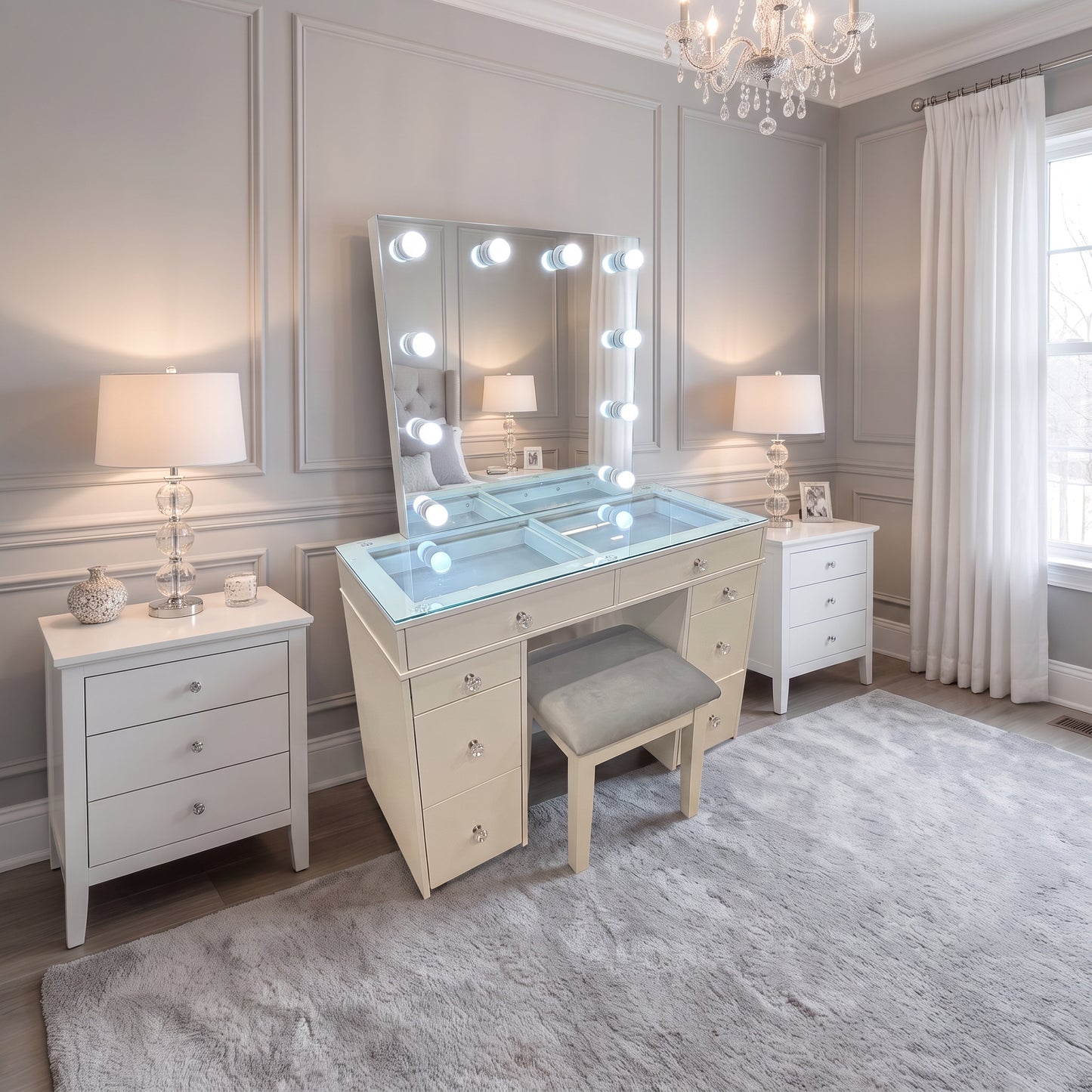 FOA 10000WH-SET White Vanity Cabinet w/ Stool