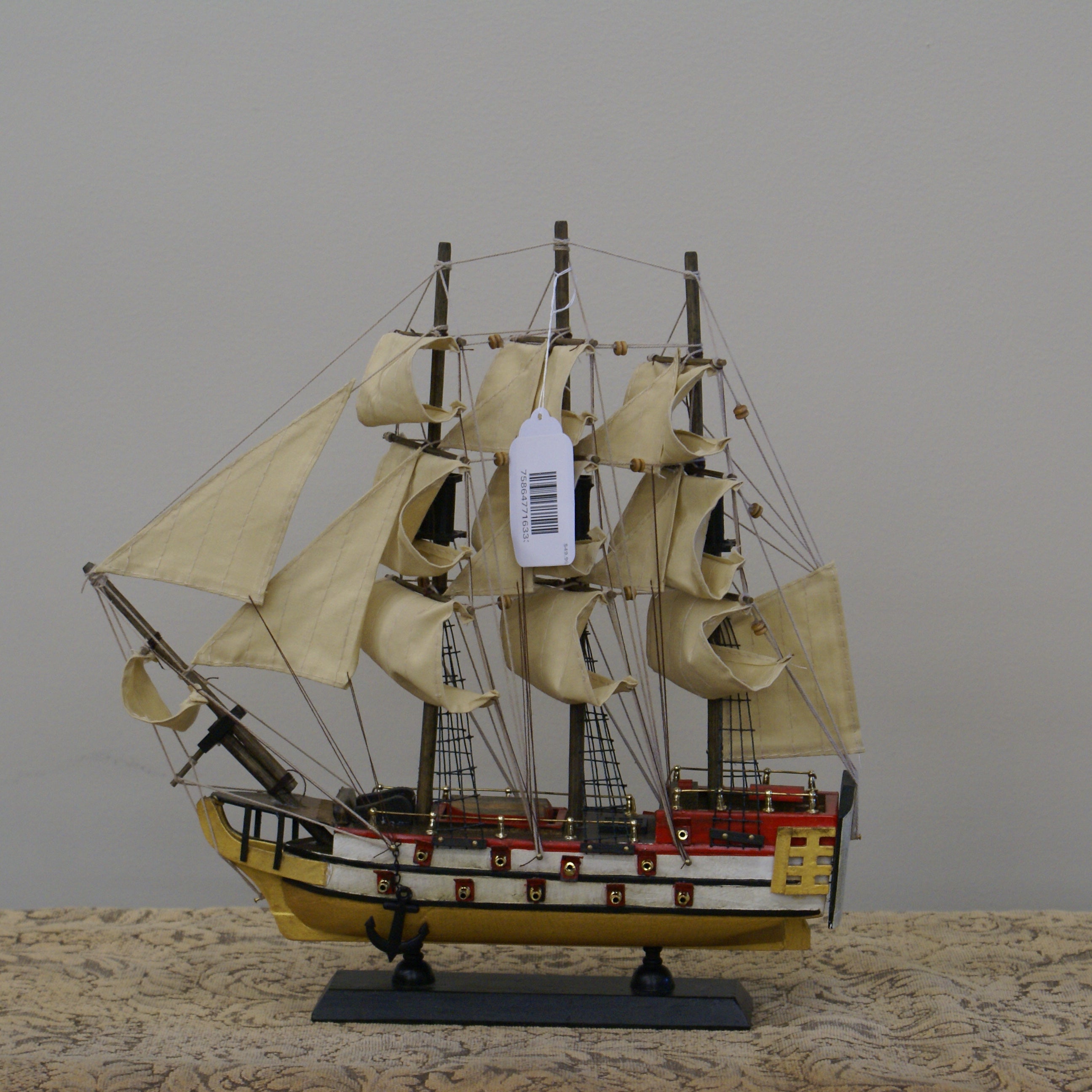 UMA 71633 Beige Wood Sail Boat Decorative Sculpture with Lifelike Rigging, 15" x 3" x 14"