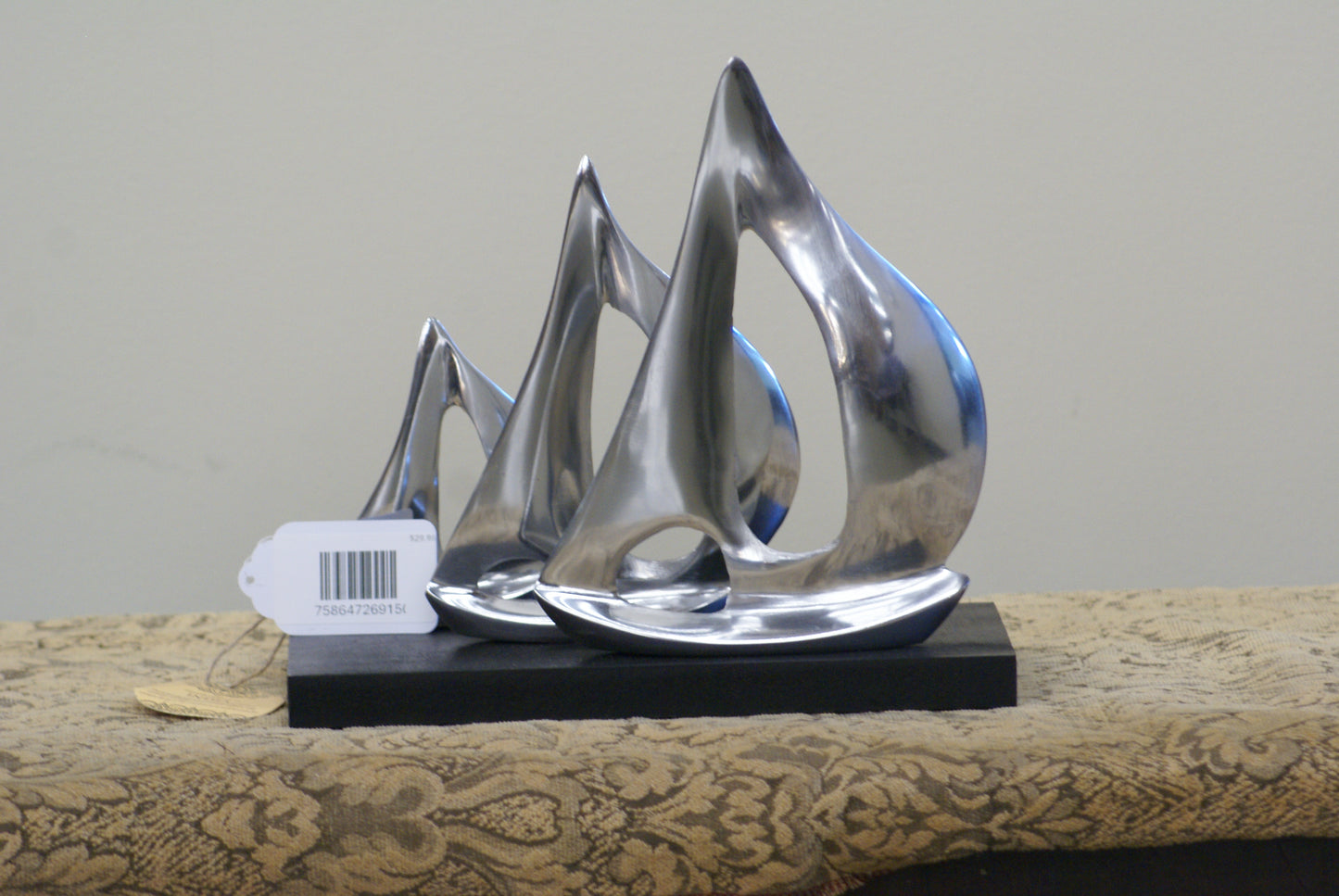 UMA 26915 Silver Aluminum Metal Sail Boat Decorative Sculpture with Black Base, 11" x 5" x 9"