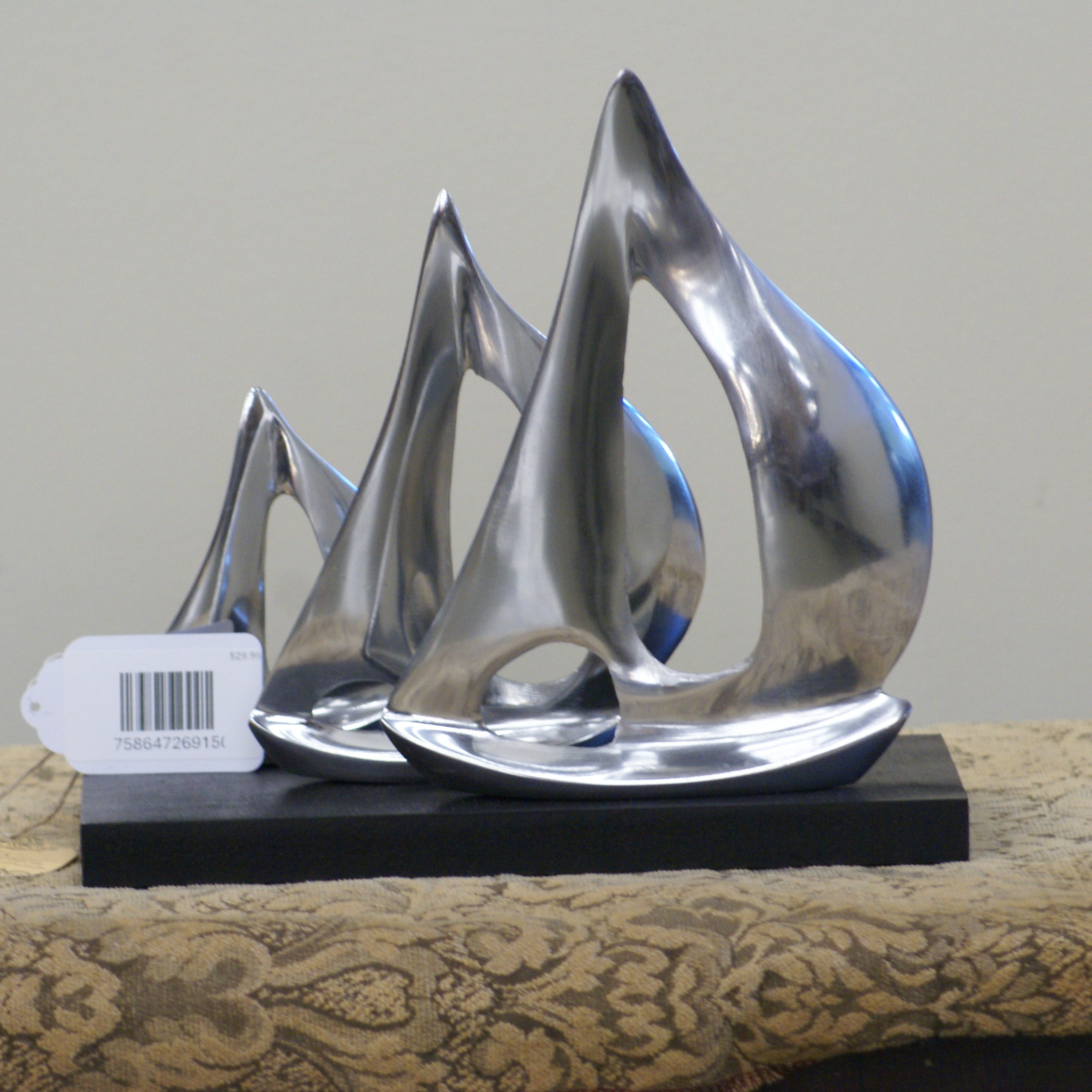 UMA 26915 Silver Aluminum Metal Sail Boat Decorative Sculpture with Black Base, 11" x 5" x 9"