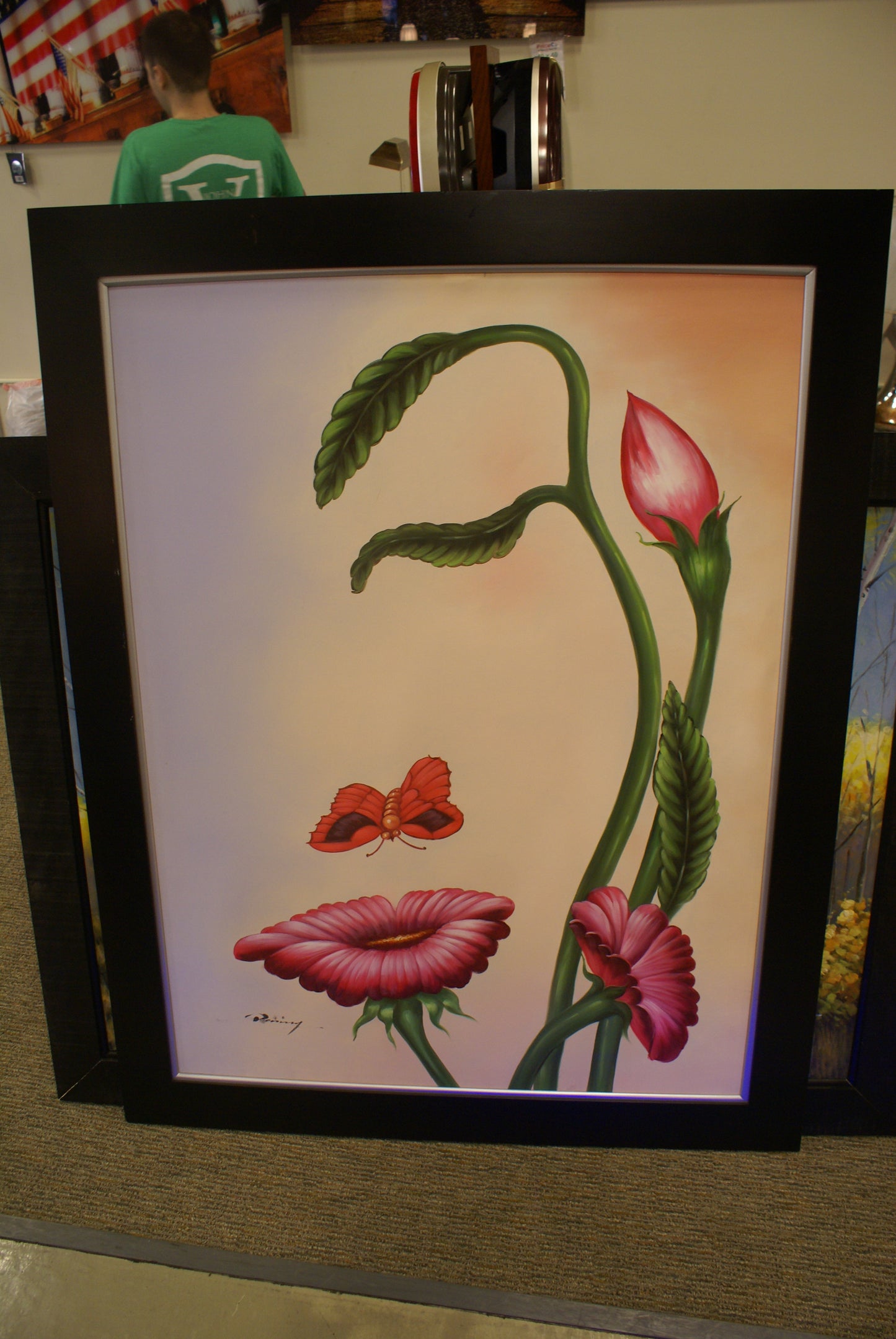 Sisko 44 x 56 Pink Flower Butterfly Framed Canvas Oil Painting