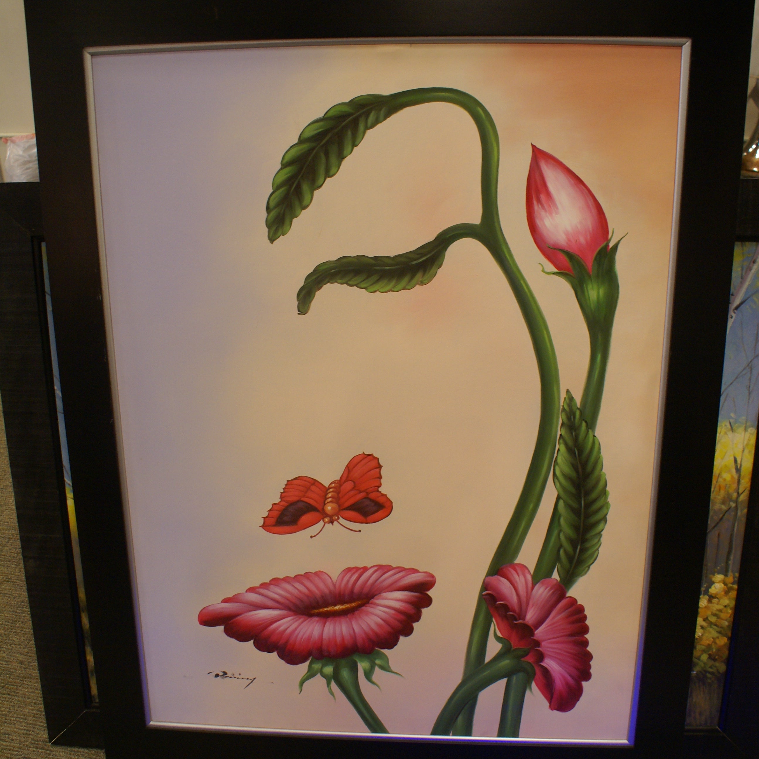 Sisko 44 x 56 Pink Flower Butterfly Framed Canvas Oil Painting