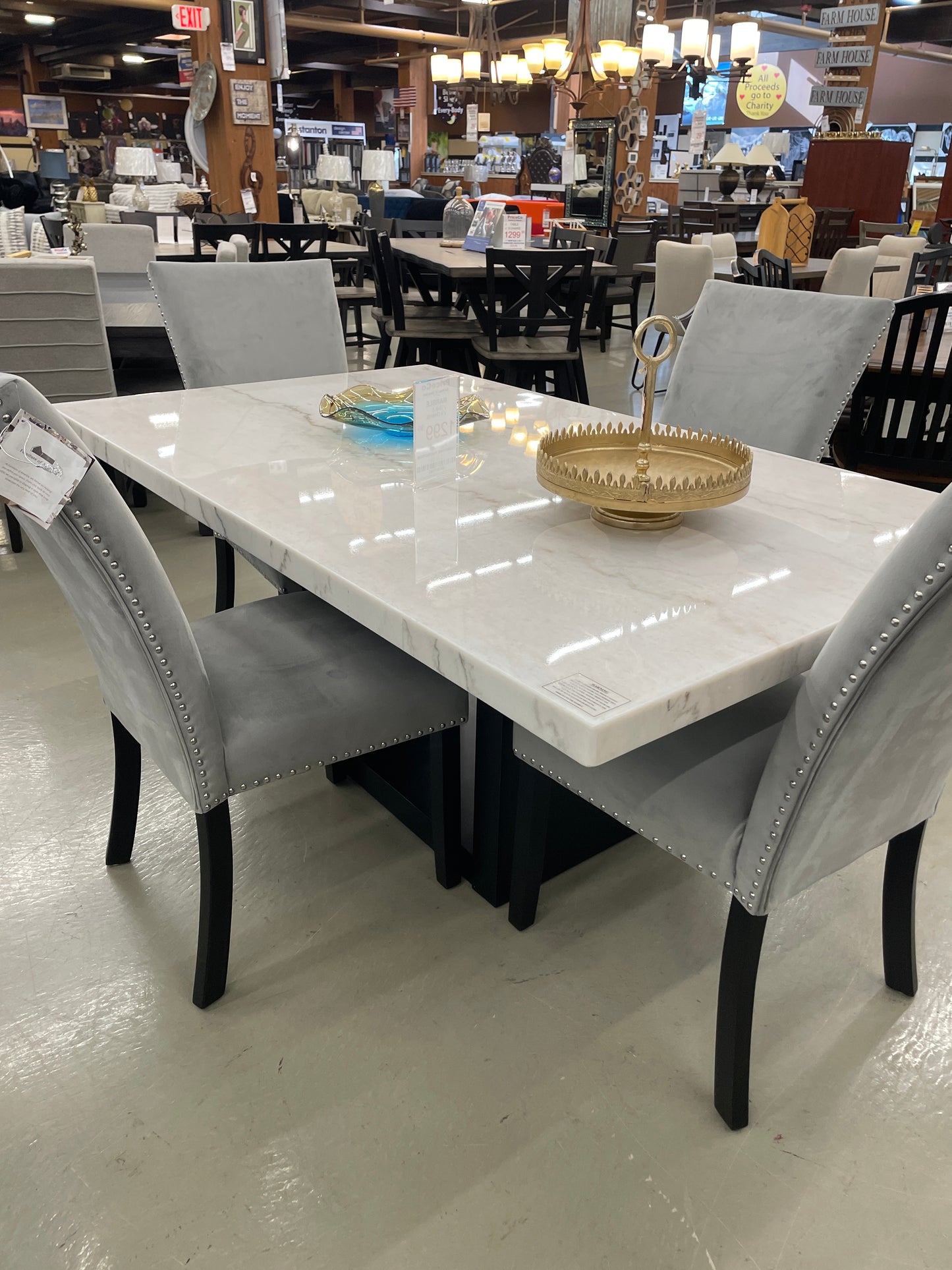 FOA CM3744GY Kian White Marble 5pc Table Set w/ Grey Velvet Side Chairs