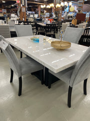 FOA CM3744GY Kian White Marble 5pc Table Set w/ Grey Velvet Side Chairs