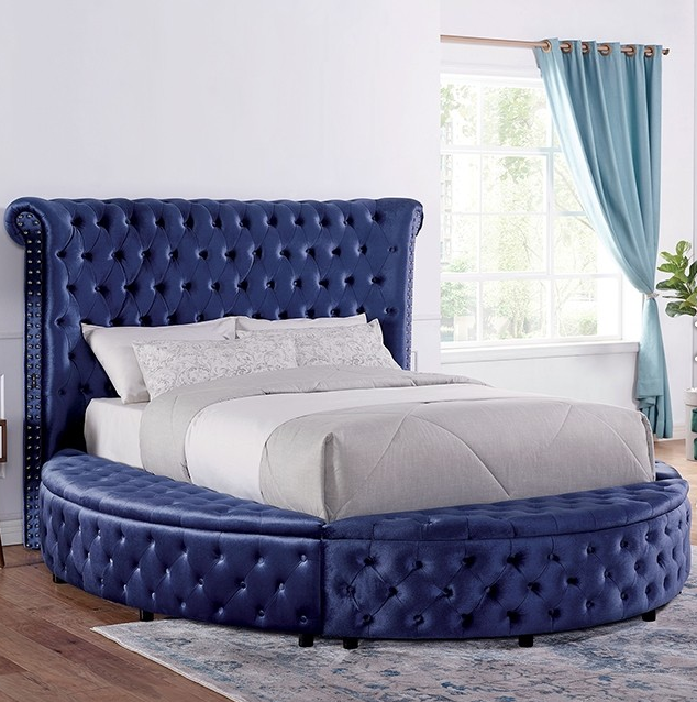 FOA CM7178BL-K-BED Sansom Upholstered Blue King Bed w/ Storage (2 Boxes)