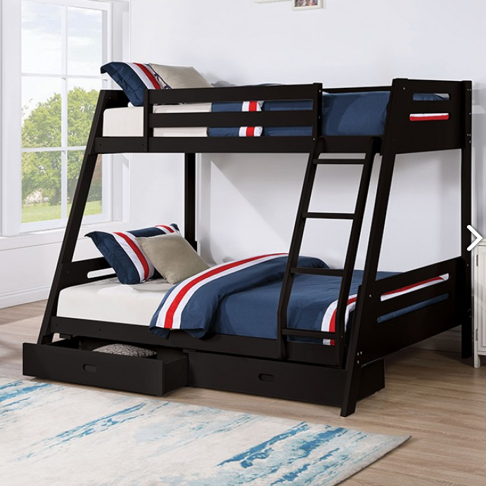 FOA FM-BK003BK-BED Emilee Black Twin / Full Bunk Bed w/ Underbed Drawers