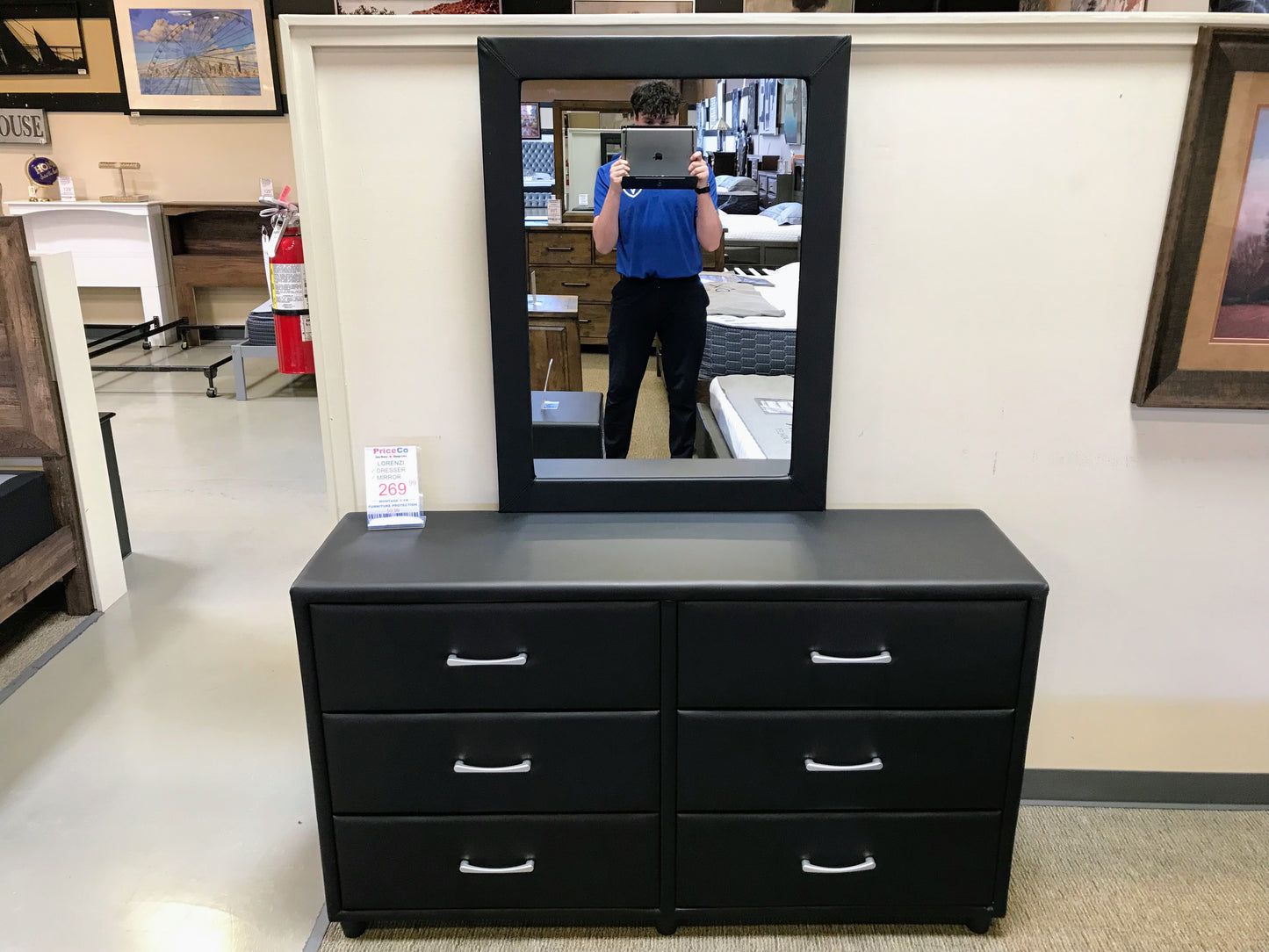 Homelegance 2220-5/6 Lorenzi Black Faux Leather Upholstered 6 Drawer Dresser w/ Black Mirror