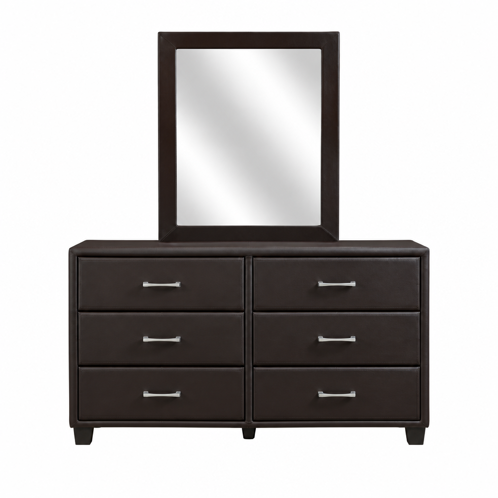 Homelegance 2220DBR-5/6 Lorenzi Dark Brown Upholstered Faux Leather 6 Drawer Dresser & Mirror