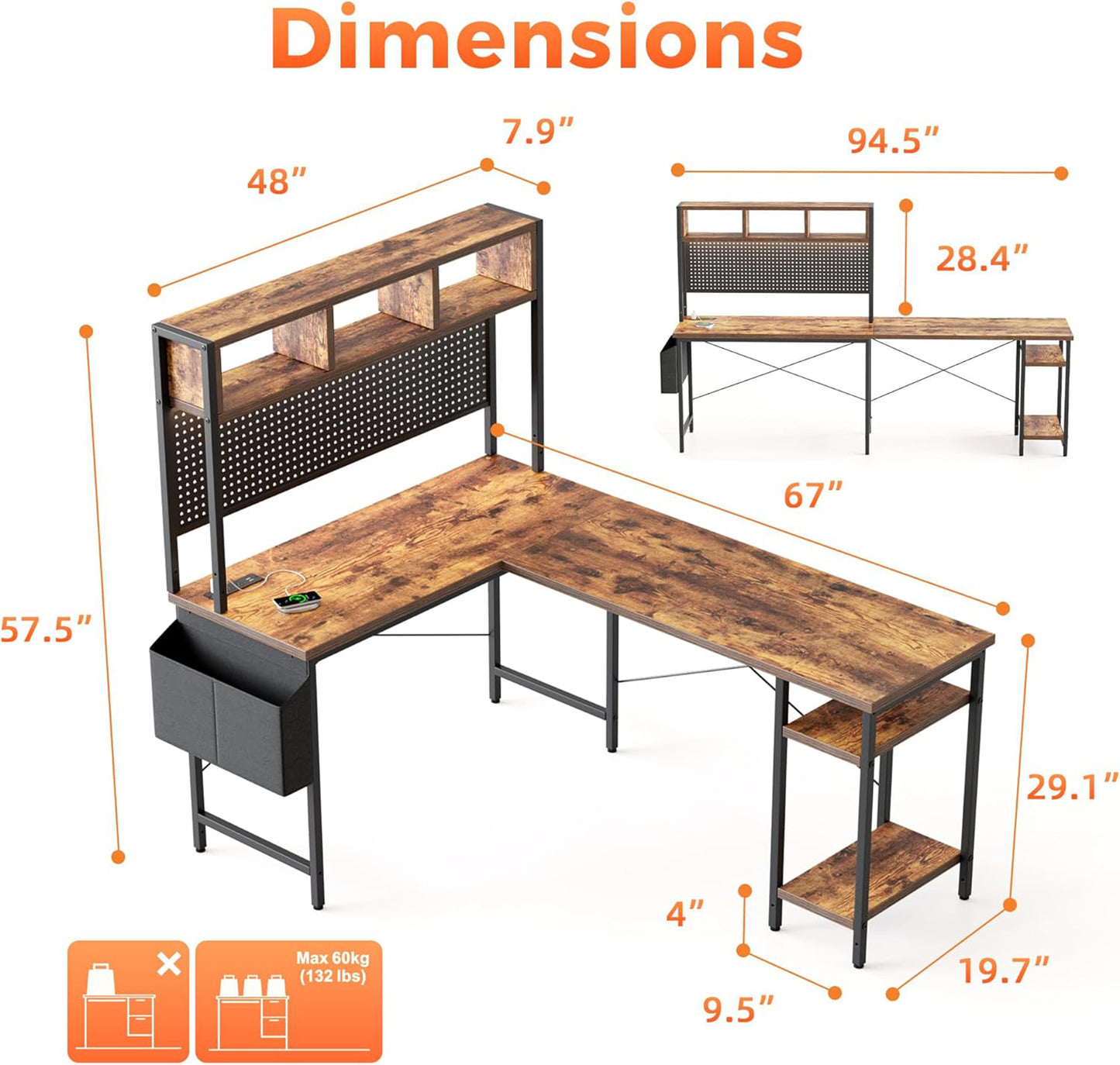 Milton XHQ02-X.01.02.06.A6603 Rustic Brown 94.5" Reversible L Shape Desk