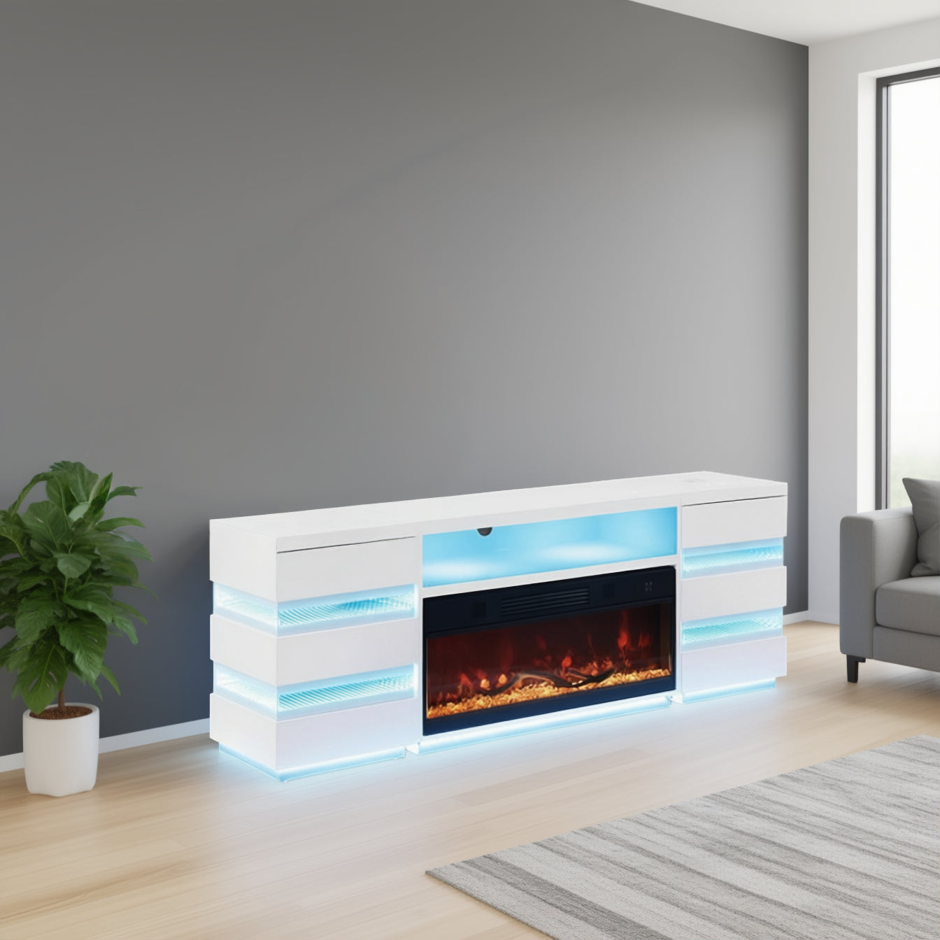 FOA FM-AC8024WH-TV-SET Terni White TV Stand w/ Fireplace & 2 Side Tables