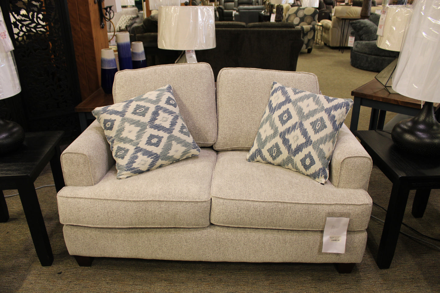 Stanton 51902 Vibrant Vision Oatmeal Loveseat w/ Boho Blues Denim Pillows