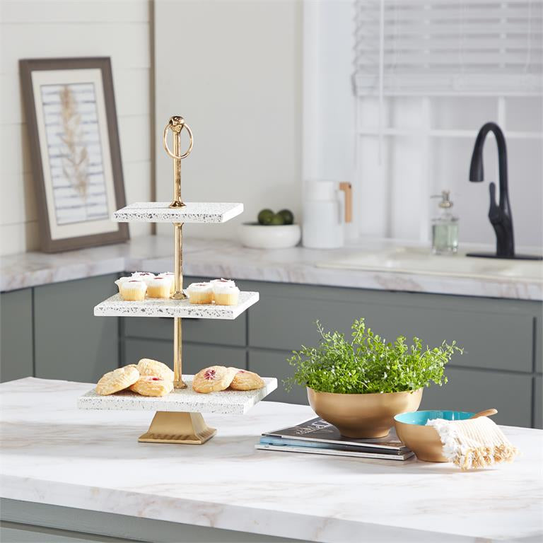 UMA 51958 White Terrazzo 3 Level Tiered Server with Gold Base