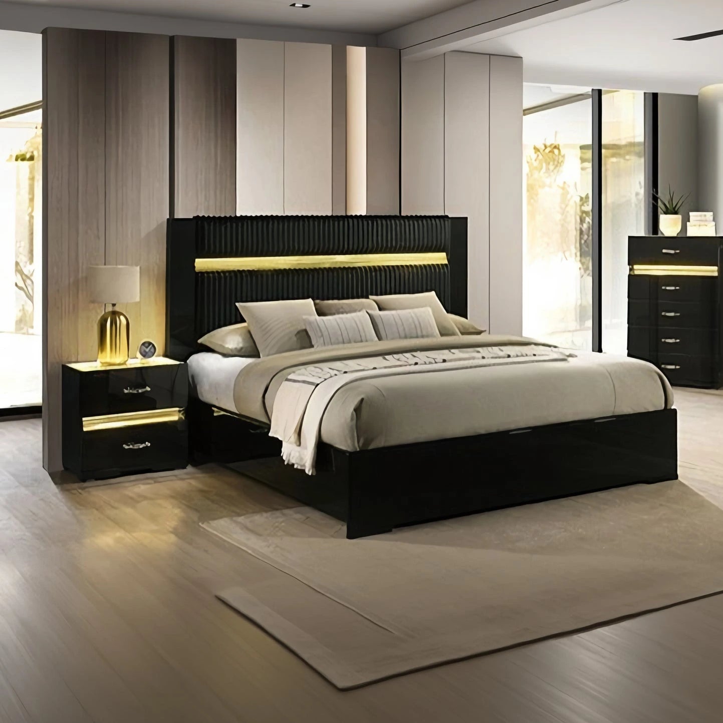 FOA FM72015BK-EK Lucida Black LED Platform King Bed