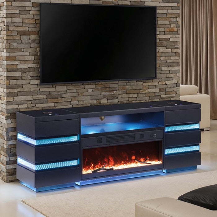 FOA FM-AC8024BK-TV-SET Terni Black TV Stand w/ Fireplace & 2 Side Tables