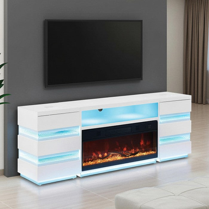 FOA FM-AC8024WH-TV-SET Terni White TV Stand w/ Fireplace & 2 Side Tables