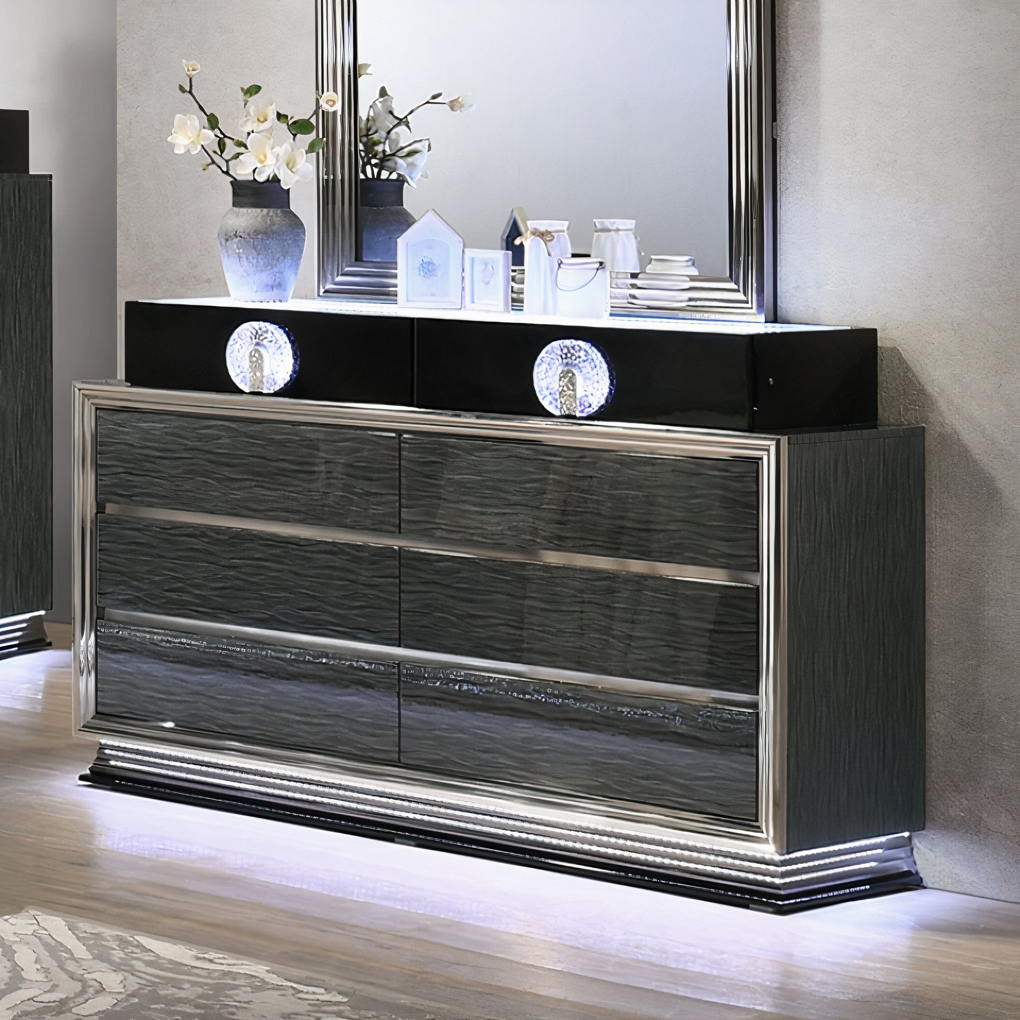 FOA FM72020DG-DM Noire Gray & Black LED Dresser Mirror Set