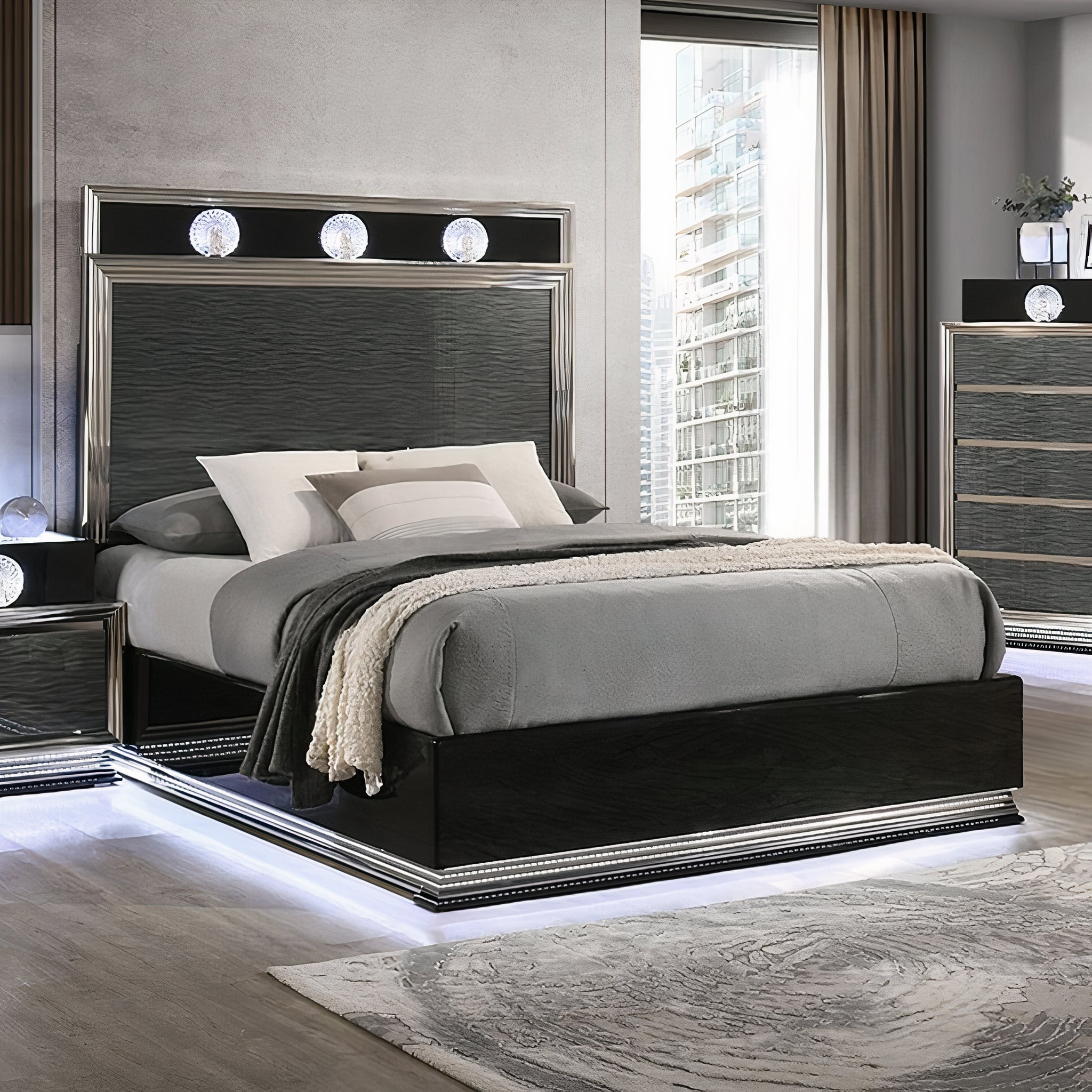 FOA FM72020DG-EK-BED Noire Gray & Black King LED Bed