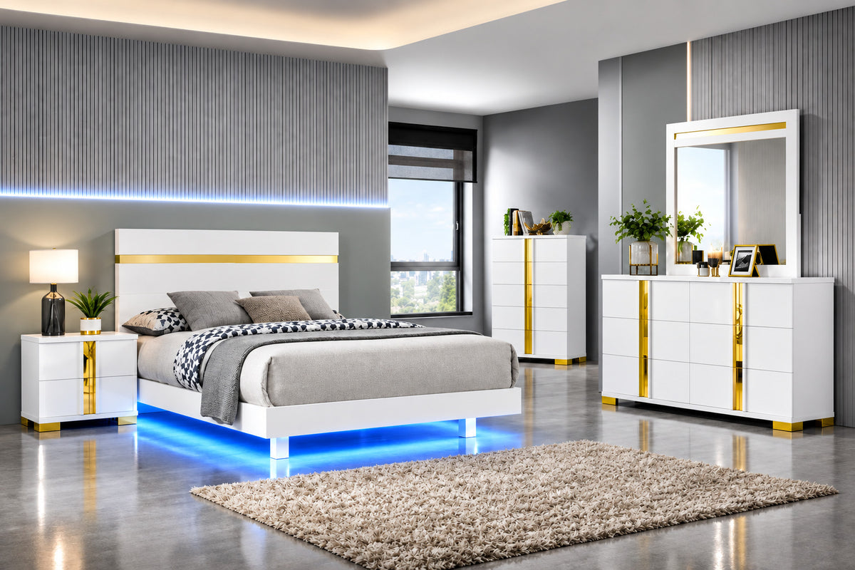 FOA FM7217WH-Q-BED Lillestrom White & Gold Queen Platform Bed
