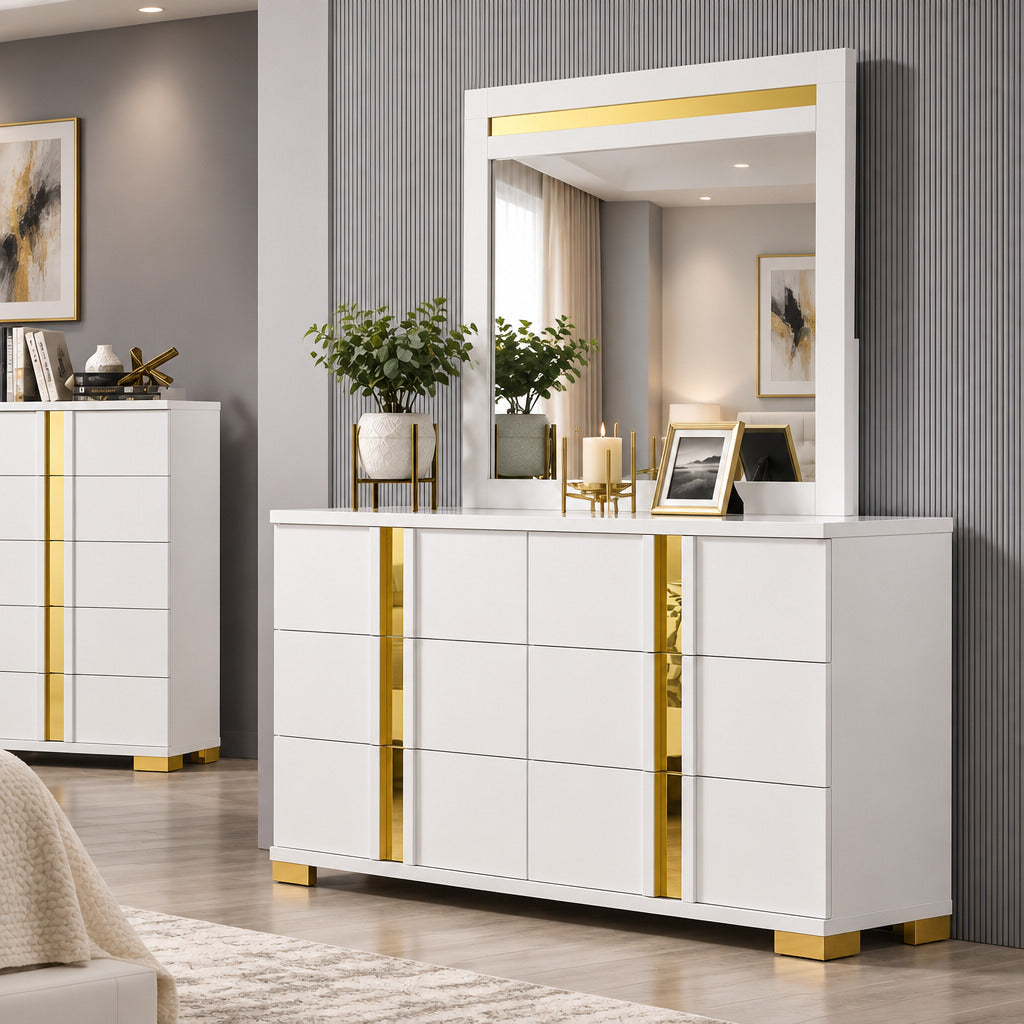 FOA FM7217WH-D/M Lillestrom White & Gold Dresser Mirror Set