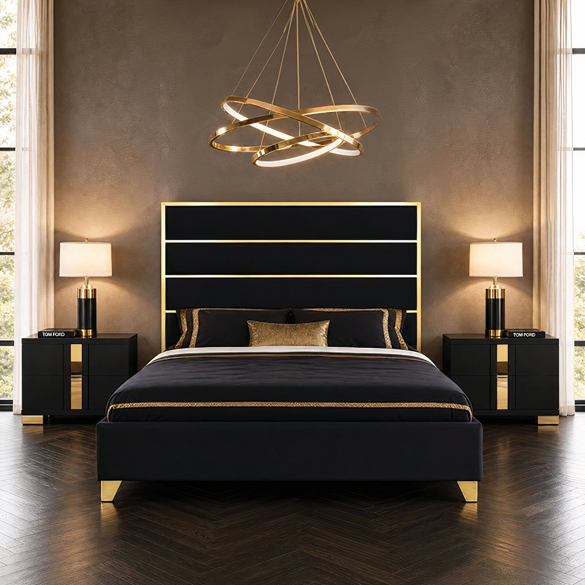 FOA FM77005GDBK-Q-BED Andriola Gold & Black Platform Queen Bed