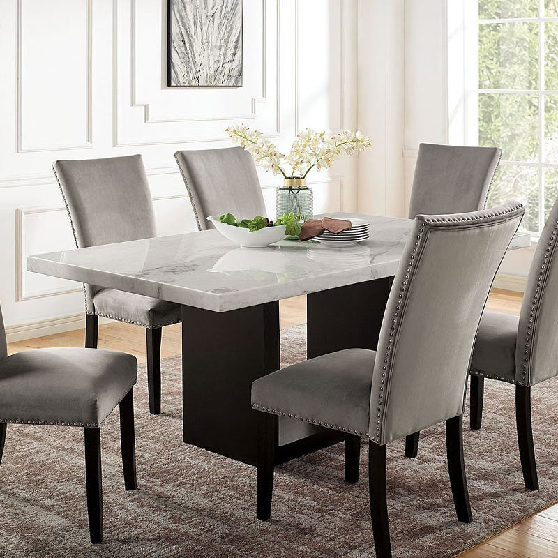FOA CM3744GY Kian White Marble 5pc Table Set w/ Grey Velvet Side Chairs