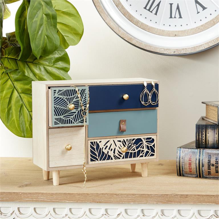 UMA 23631 Blue Wood Leaf 5 Drawers Jewelry Box