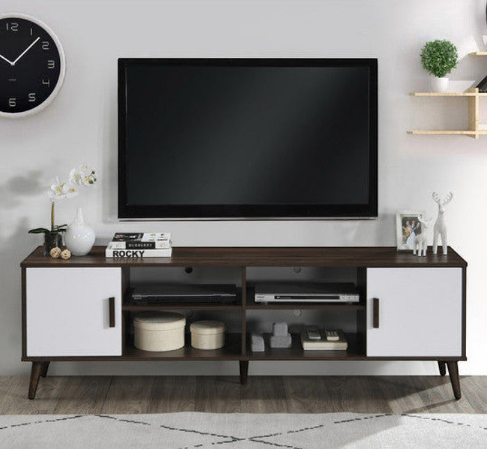 PriceCo modern media console with dark wood grain finish, white cabinet doors, and tapered legs. Features open shelving and storage cabinets.