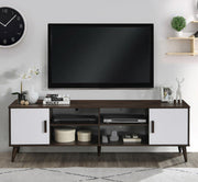 PriceCo modern media console with dark wood grain finish, white cabinet doors, and tapered legs. Features open shelving and storage cabinets.