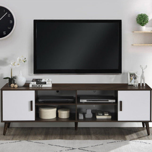 PriceCo modern media console with dark wood grain finish, white cabinet doors, and tapered legs. Features open shelving and storage cabinets.