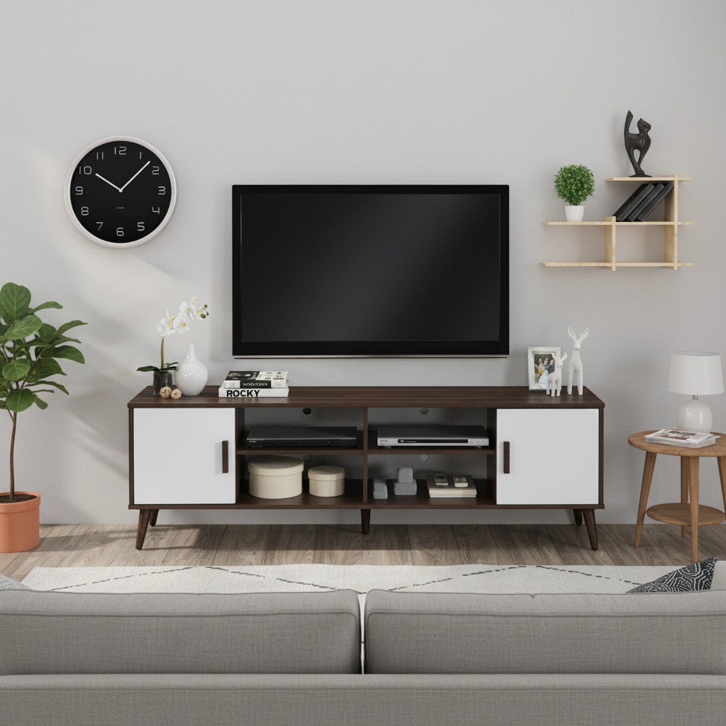 PriceCo modern media console with dark wood grain finish, white cabinet doors, and tapered legs. Features open shelves and storage cabinets.