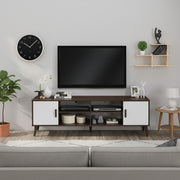 PriceCo modern media console with dark wood grain finish, white cabinet doors, and tapered legs. Features open shelves and storage cabinets.