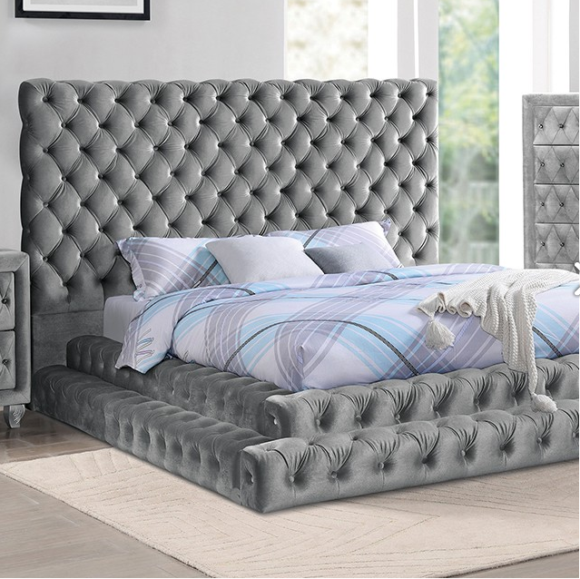 FOA CM7227GY-Q-BED Stefania Upholstered Grey Queen Step Up Platfrom Bed